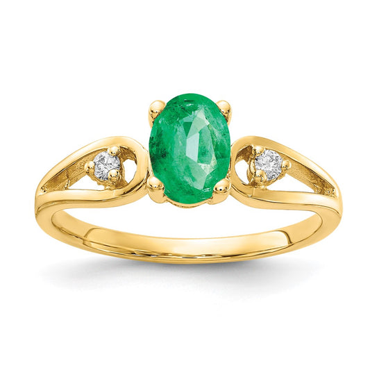 14k 7x5mm Oval Emerald and1/20 carat AA Diamond Ring
