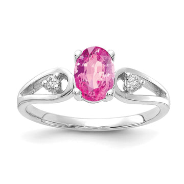 14k White Gold 7x5mm Oval Pink Sapphire and 1/20 carat AA Diamond Ring