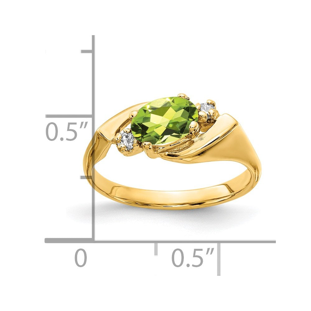 14k 7x5mm Oval Peridot Checker-cut and 1/20 carat AA Diamond Ring