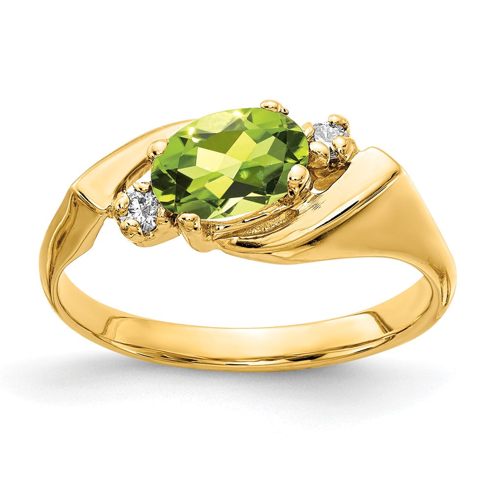 14k 7x5mm Oval Peridot Checker-cut and 1/20 carat AA Diamond Ring