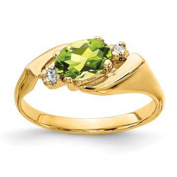 14k 7x5mm Oval Peridot Checker-cut and 1/20 carat AA Diamond Ring
