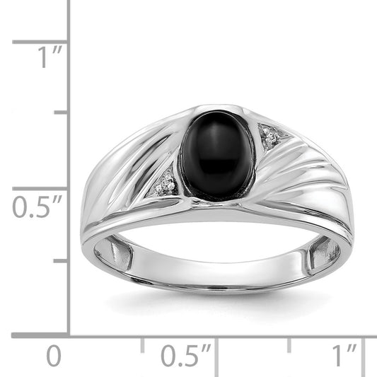 14k White Gold 8x6 Oval Onyx Cabochon and AA Diamond Mens Ring