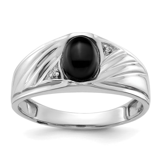 14k White Gold 8x6 Oval Onyx Cabochon and A Diamond Mens Ring