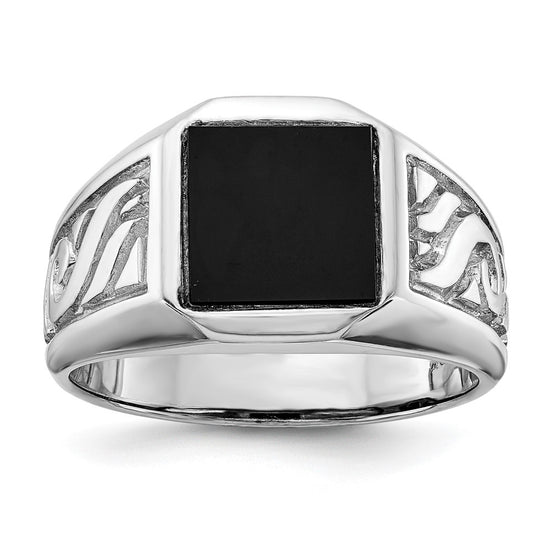 14k White Gold 9.25mm Square Onyx Mens Ring