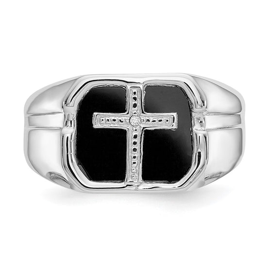 14k White Gold Octagon Onyx and A Diamond Mens Cross Ring