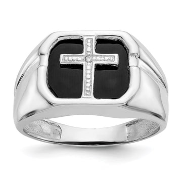 14k White Gold Octagon Onyx and A Diamond Mens Cross Ring