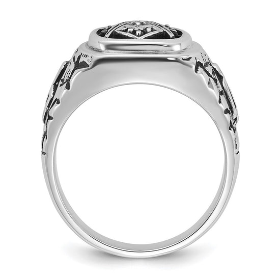 14k White Gold Men's Polished Antiqued and Textured with Black Enamel and AA Quality Diamonds Masonic Ring