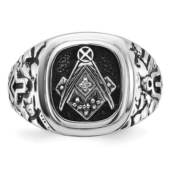 14k White Gold Men's Polished Antiqued and Textured with Black Enamel and AA Quality Diamonds Masonic Ring