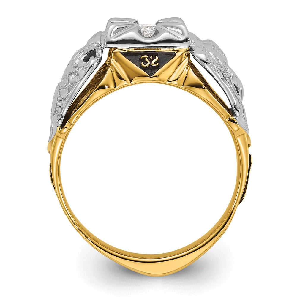 14k Two-tone Mens Polished and Textured with Black Enamel and AA Quality Diamond Masonic Ring