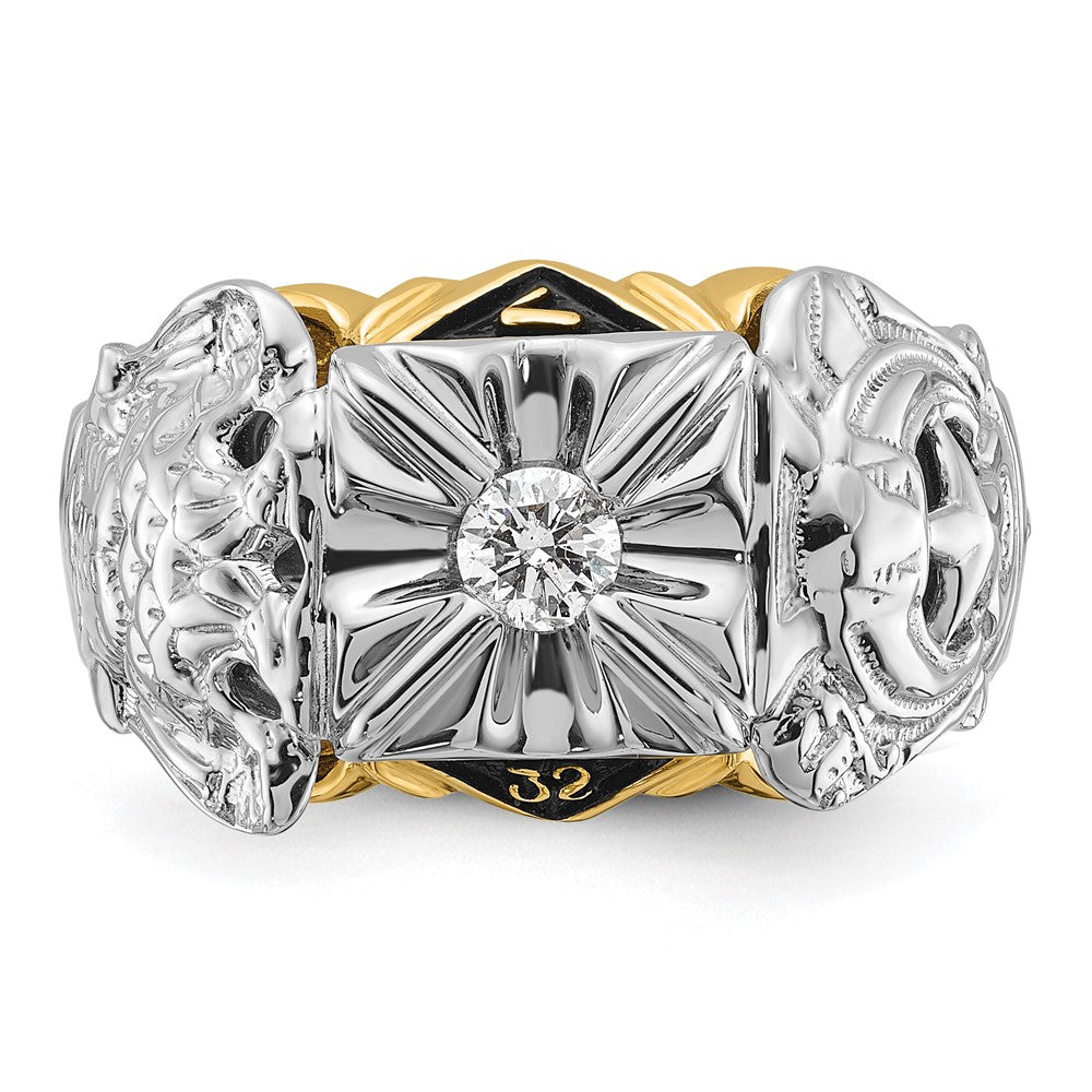 14k Two-tone Mens Polished and Textured with Black Enamel and AA Quality Diamond Masonic Ring