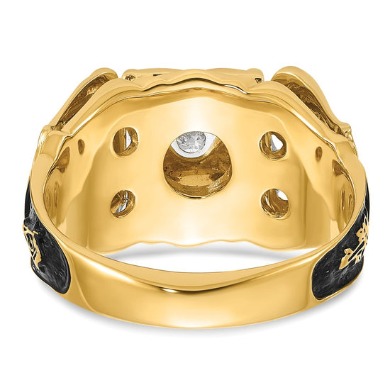 14k Two-tone Mens Polished and Textured with Black Enamel and AA Quality Diamond Masonic Ring