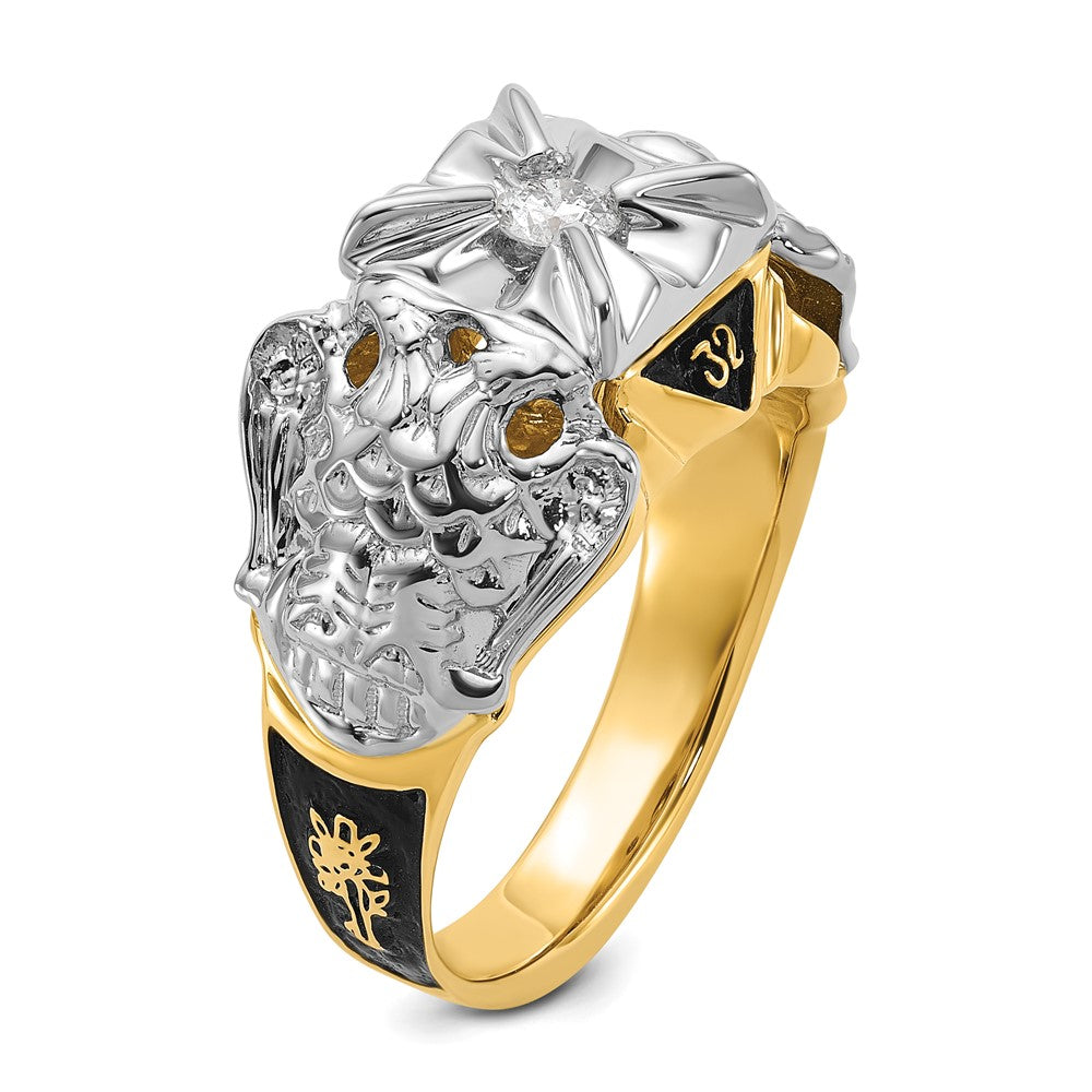 14k Two-tone Mens Polished and Textured with Black Enamel and AA Quality Diamond Masonic Ring