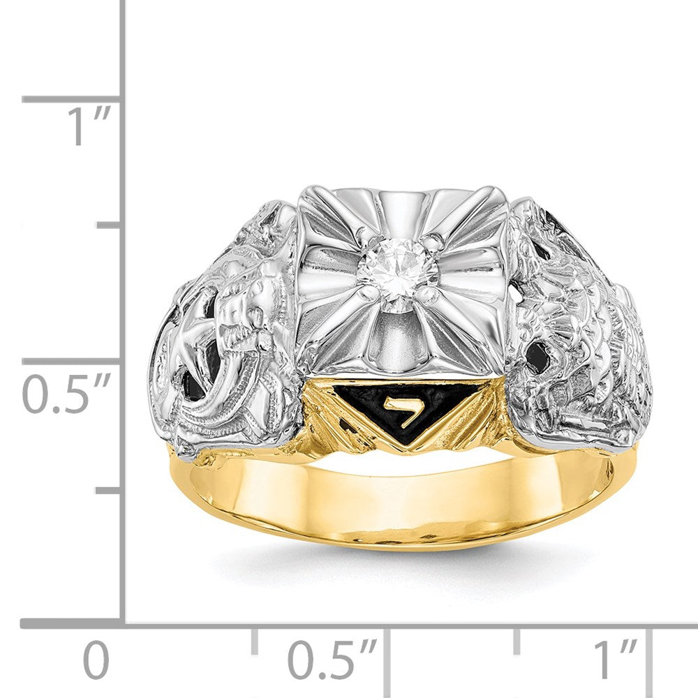 14k Two-tone Mens Polished and Textured with Black Enamel and AA Quality Diamond Masonic Ring