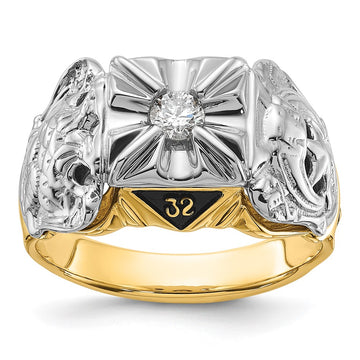 14k Two-tone Mens Polished and Textured with Black Enamel and AA Quality Diamond Masonic Ring