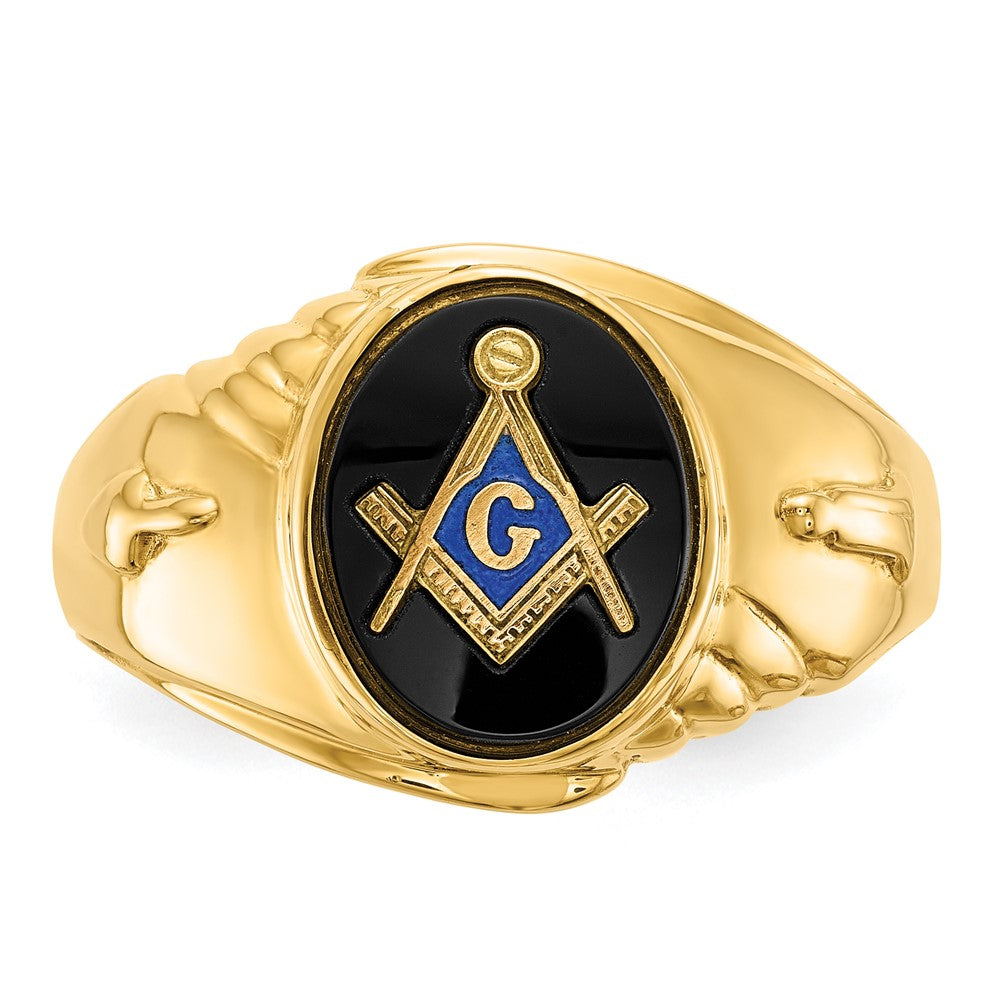 14k Men's Polished and Textured with Oval Onyx Masonic Ring