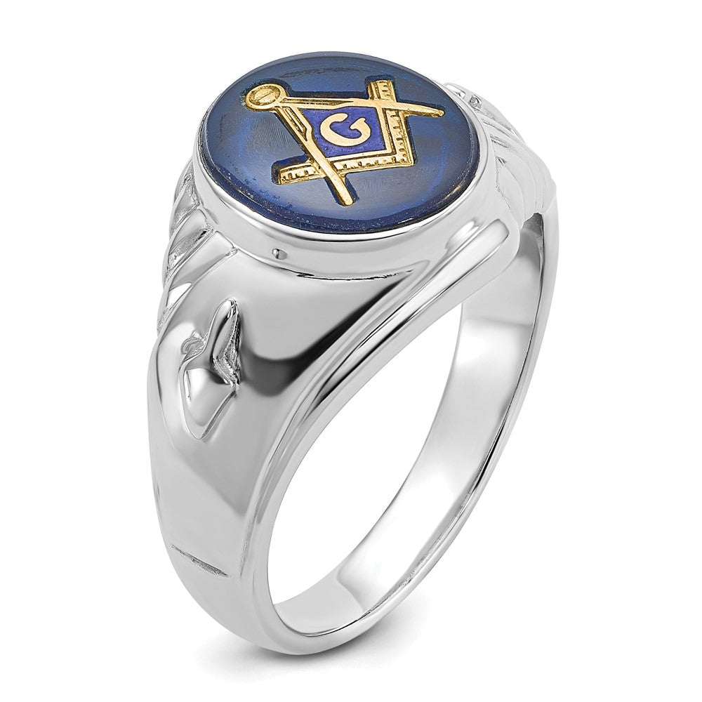 14k White Gold Men's Polished and Textured with Imitation Blue Spinel Masonic Ring