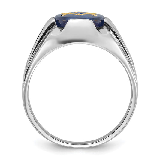 14k White Gold Men's Polished, Antiqued and Grooved with Imitation Blue Spinel Masonic Ring