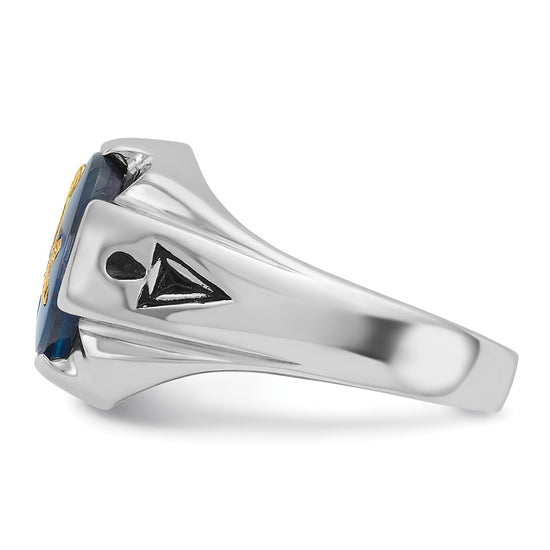 14k White Gold Men's Polished, Antiqued and Grooved with Imitation Blue Spinel Masonic Ring