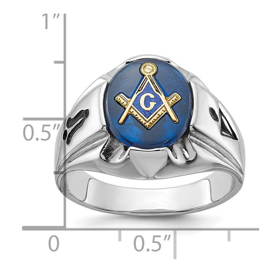 14k White Gold Men's Polished, Antiqued and Grooved with Imitation Blue Spinel Masonic Ring