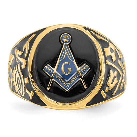 14k Men's Polished and Textured with Black Enamel and Oval Onyx Masonic Ring