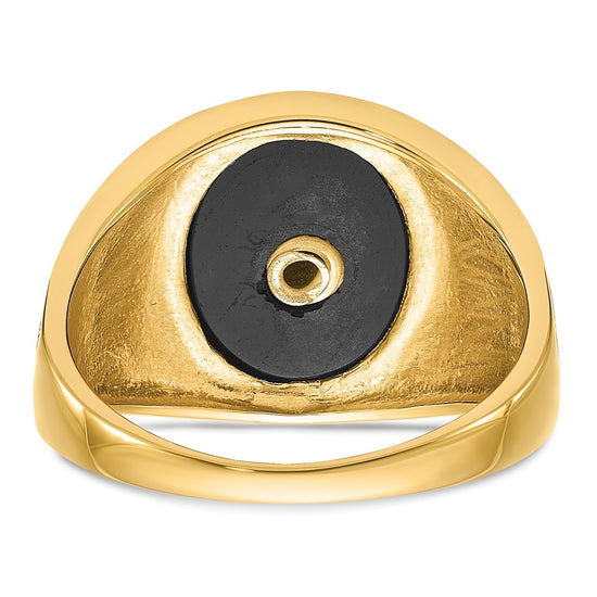 14k Men's Polished and Textured with Black Enamel and Oval Onyx Masonic Ring