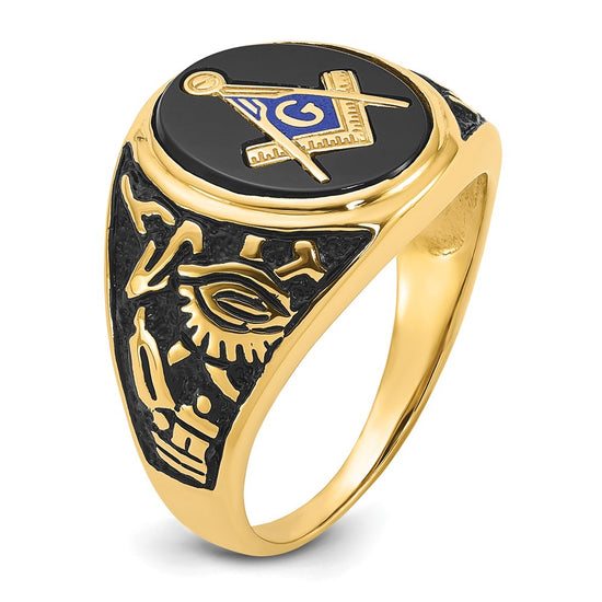 14k Men's Polished and Textured with Black Enamel and Oval Onyx Masonic Ring