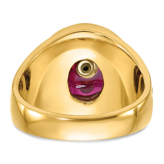 14k Men's Polished, Antiqued and Textured with Lab Created Ruby Masonic Ring