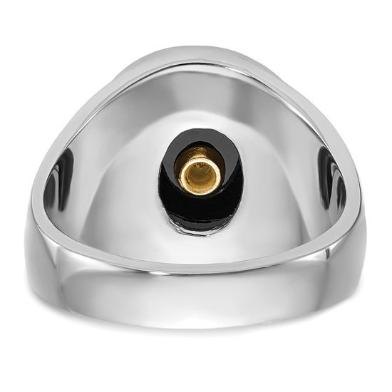 14k White Gold Men's Polished, Antiqued and Textured with Oval Onyx Masonic Ring