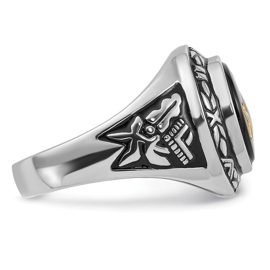 14k White Gold Men's Polished, Antiqued and Textured with Oval Onyx Masonic Ring