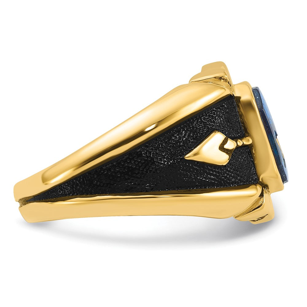 14k Men's Polished, Antiqued and Textured with Imitation Blue Spinel Masonic Ring