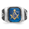 14k White Gold Polished and Textured with Black Enamel and Imitation Blue Spinel Masonic Ring