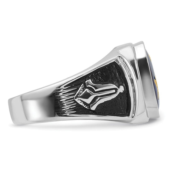 14k White Gold Polished and Textured with Black Enamel and Imitation Blue Spinel Masonic Ring