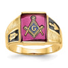 14k Men's Polished and Textured with Black Enamel and Lab Created Ruby Masonic Ring