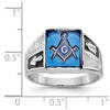 14k White Gold Men's Polished and Textured with Black Enamel and Imitation Blue Spinel Masonic Ring