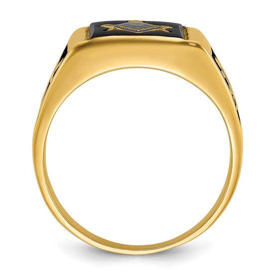 14k Men's Polished and Textured with Black Enamel & Onyx Masonic Ring