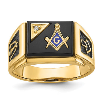 14k Mens Polished and Textured with Black Enamel Onyx and AA Quality Diamond Masonic Ring