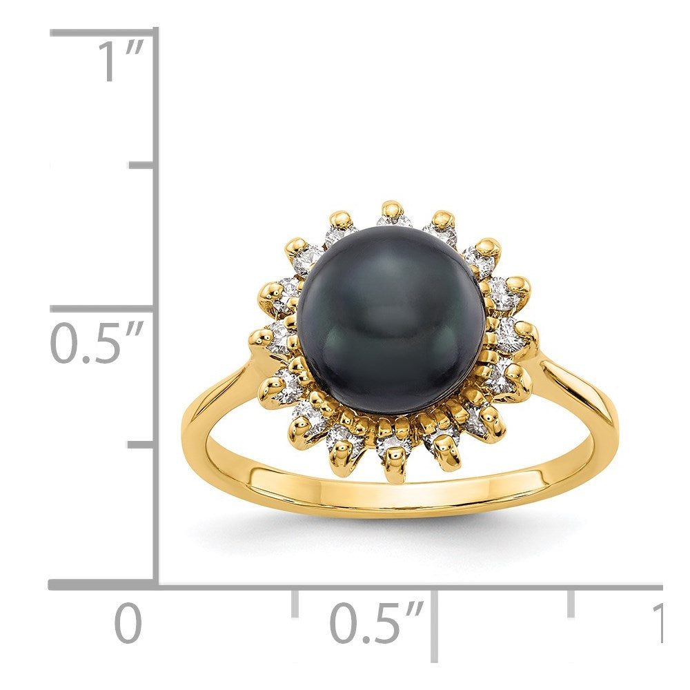 14k 7.5mm Black Freshwater Cultured Pearl and 1/4 carat VS Diamond Halo Ring