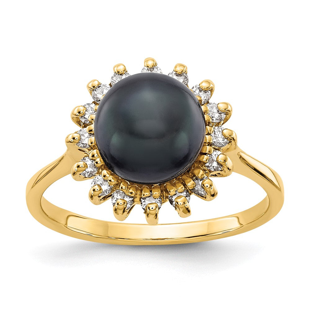 14k 7.5mm Black Freshwater Cultured Pearl and 1/4 carat VS Diamond Halo Ring