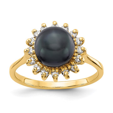 14k 7.5mm Black Freshwater Cultured Pearl and 1/4 carat VS Diamond Halo Ring