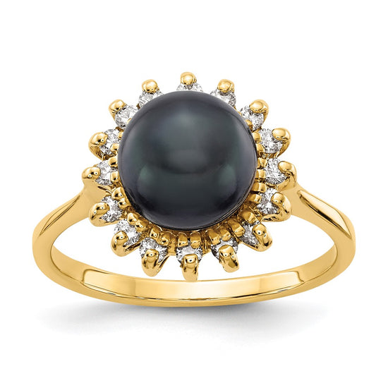 14k 7.5mm Black Freshwater Cultured Pearl and 1/4 carat AA Diamond Halo Ring