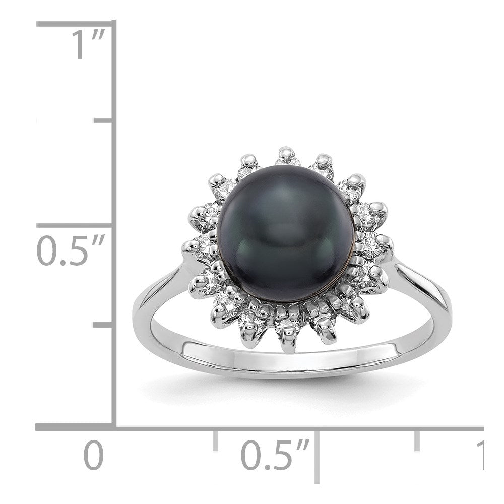 14k White Gold 7.5mm Black Freshwater Cultured Pearl and 1/4 carat AAA Diamond Halo Ring