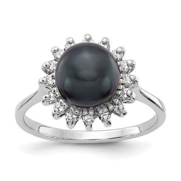 14k White Gold 7.5mm Black Freshwater Cultured Pearl and 1/4 carat AAA Diamond Halo Ring