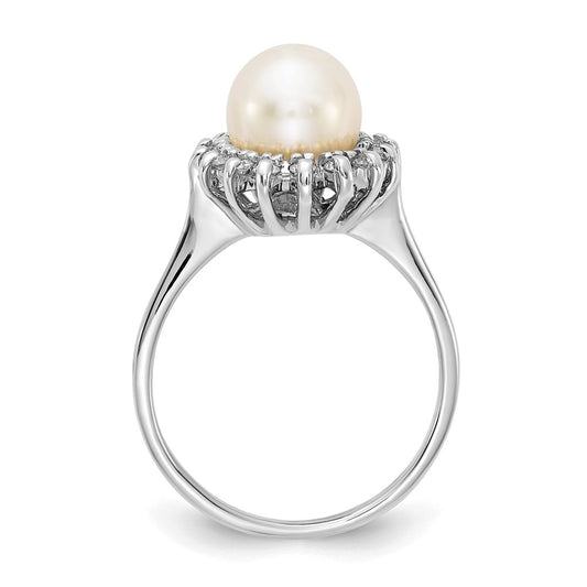 14k White Gold 7.5mm White Freshwater Cultured Pearl and 1/4 carat AA Diamond Halo Ring