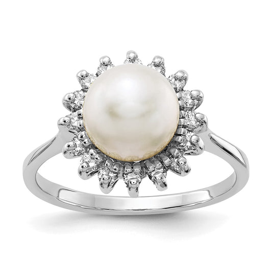 14k White Gold 7.5mm White Freshwater Cultured Pearl and 1/4 carat A Diamond Halo Ring