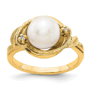 Gold Polished Freshwater Pearl and Diamond Rings