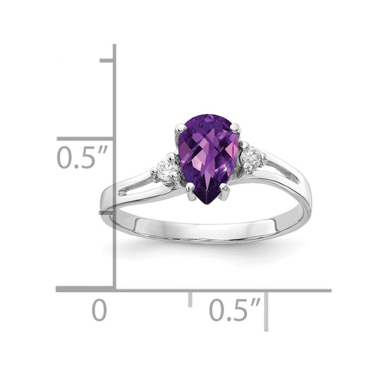 14k White Gold 7x5mm Checker-cut Pear Amethyst and 1/20 carat AA Diamond Ring