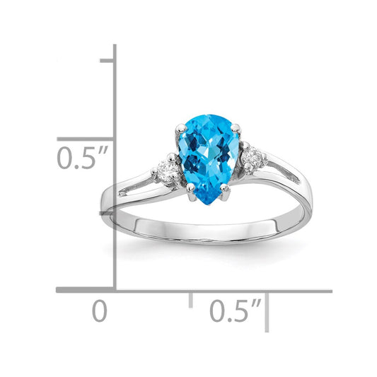 14k White Gold 7x5mm Pear Blue Topaz Checker-cut and 1/20 carat AA Diamond Ring