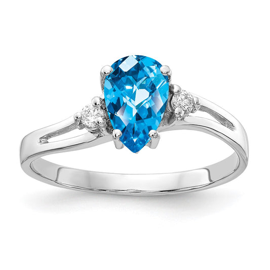 14k White Gold 7x5mm Pear Blue Topaz Checker-cut and 1/20 carat AAA Diamond Ring