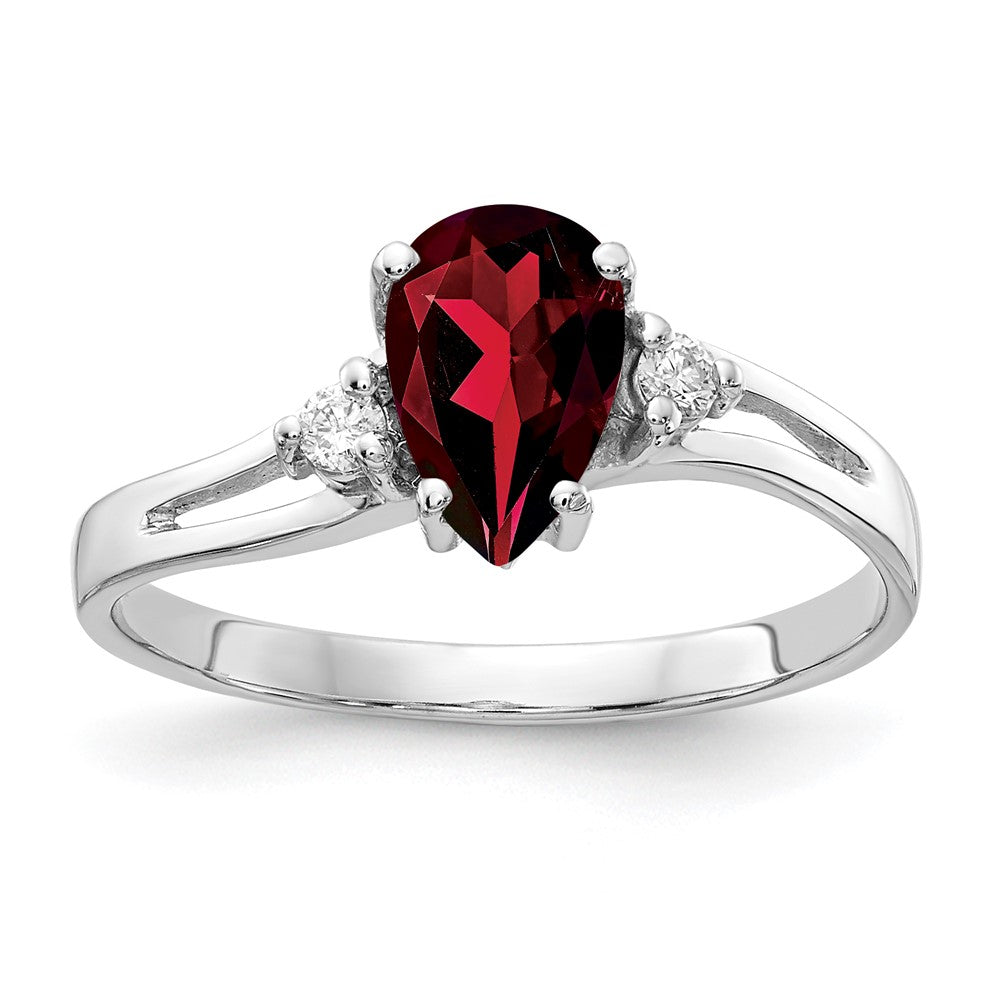 14k White Gold 7x5mm Pear Garnet and 1/20 carat AAA Diamond Ring