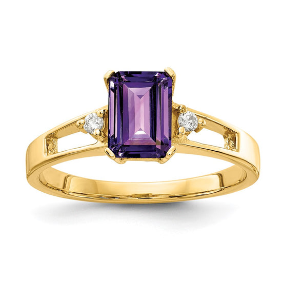 14k 7x5mm Emerald-cut Amethyst and 1/20 carat AA Diamond Ring
